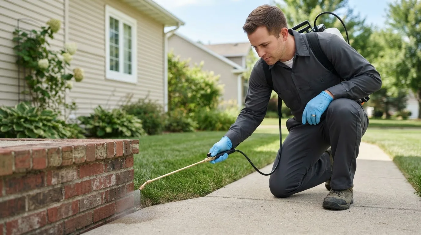 Pest control technician treating a home near Salem, MA
